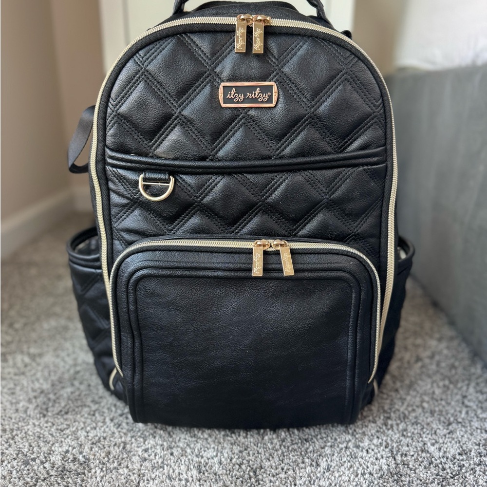 Itzy Ritzy Boss Plus Large Diaper Backpack Quilted Black with Gold Zippers